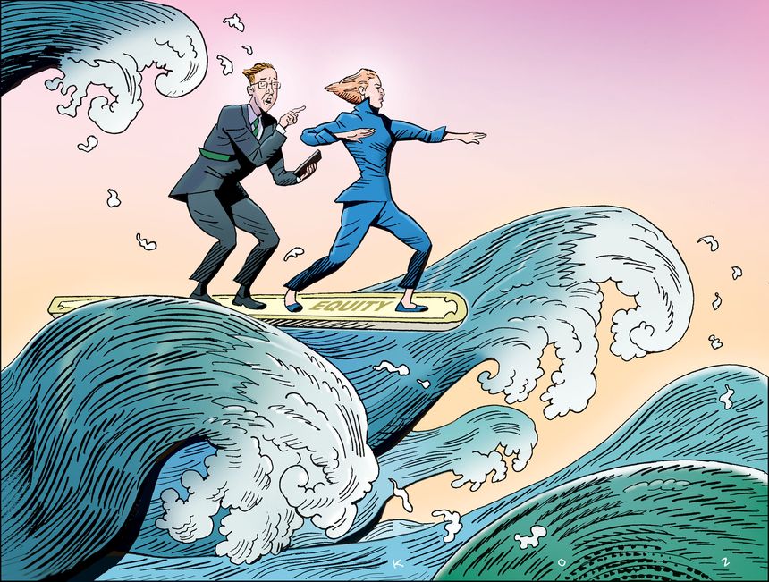 Illustration of two investors balancing on an equity board amid turbulent market waves.