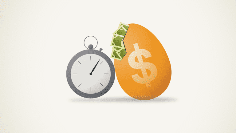 Illustration of a stopwatch beside a cracked egg filled with dollar bills