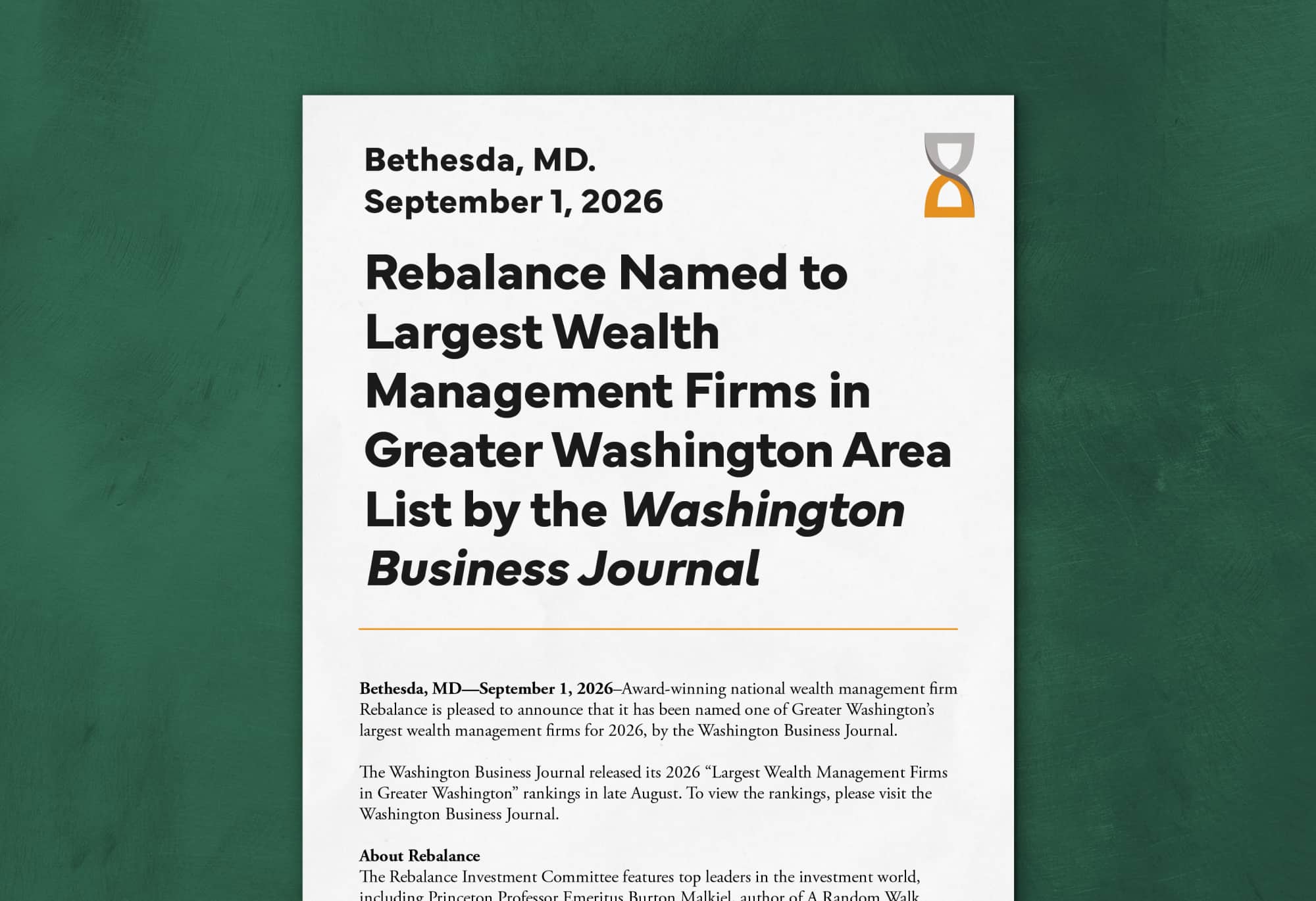 Press Release for Rebalance360 by Washington Business Journal